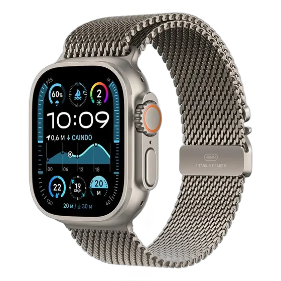 Apple Watch Ultra 2 GPS + Cellular • 49mm 내추럴 티타늄 케이스 • 내추럴 티타늄 밀라노 루프 밴드 – M
