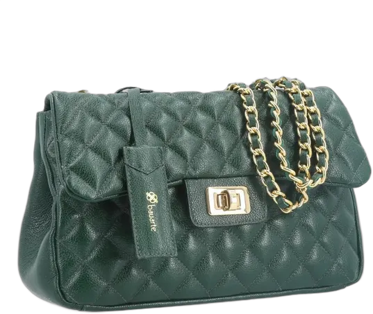Bolso Femenino Mediano Bandolera En Cuero Legítimo Matelassé Color Verde Oscuro
