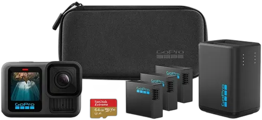 GoPro HERO13 Black Power Bundle - طقم مع كاميرا حركة مقاومة للماء 10m بدقة 5.3K60 و27MP وشاحن مزدوج مع بطاريات وحافظة وبطاقة ذاكرة