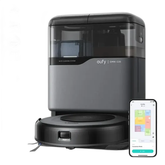 Robot Aspirador eufy Omni C20 3 en 1 Estación Todo en Uno Succión 7000Pa Cuerpo Ultrafino 8,5cm Vaciado Lavado y Secado Automático Mapeo Láser Multinivel Cepillo Antienredos WiFi App Voz 220V