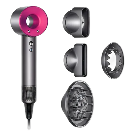 Secador de pelo antiestático Dyson con accesorios fucsia